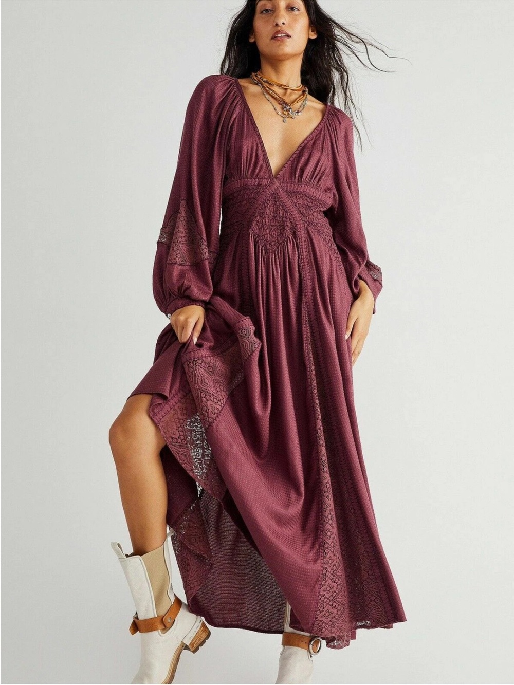 Free People Plum V-Neck Lace Panel Maxi Dress